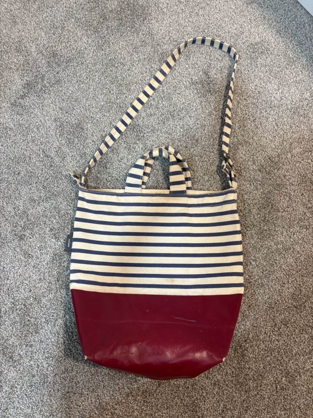 Striped Navy & Cream Tote with Burgundy Base - Women's Shoulder Bag